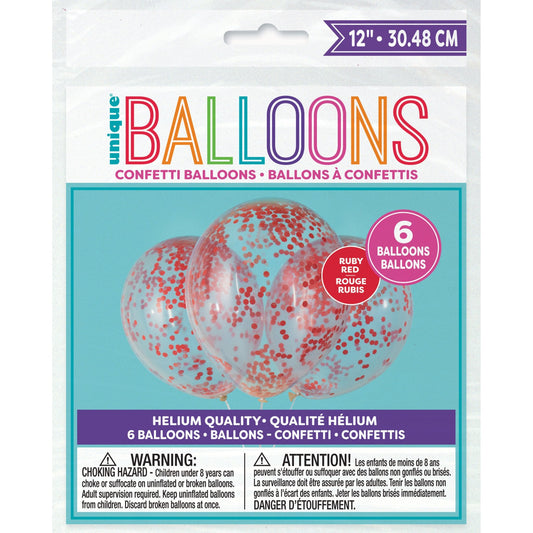 Clear Latex Balloons with Ruby Red Confetti 12", 6ct - Pre-Filled