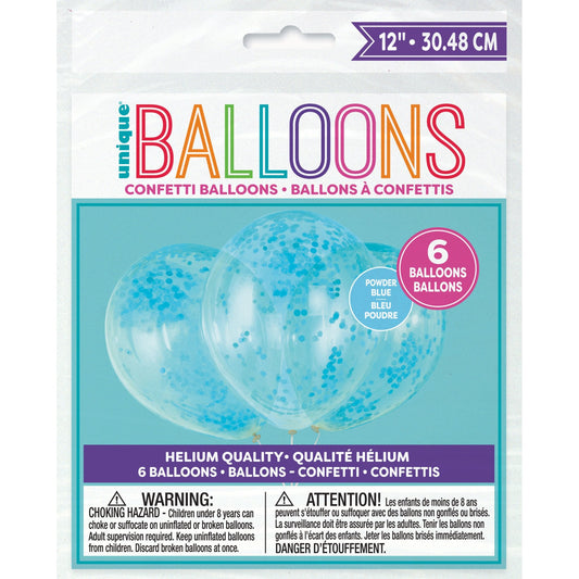 Clear Latex Balloons with Powder Blue Confetti 12", 6ct - Pre-Filled