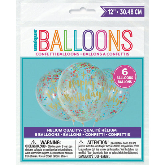 Glitzy Gold Birthday Clear Latex Balloons with Confetti 12", 6ct - Pre-Filled
