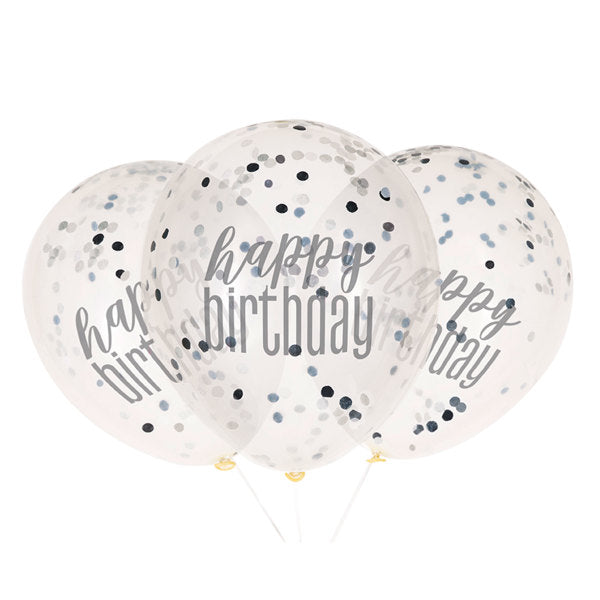 6 12" Clear Printed Glitz "Happy Birthday" Balloons with Confetti, Black & Silver
