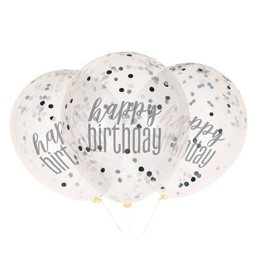 6 12" Clear Printed Glitz "Happy Birthday" Balloons with Confetti, Black & Silver