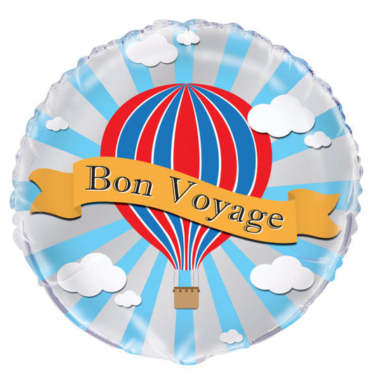 Hot Air Bon Voyage Round Foil Balloon 18", Bulk