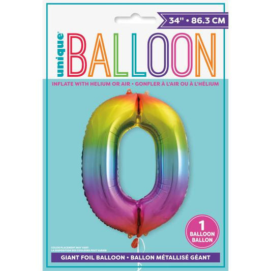 Rainbow Number 0 Shaped Foil Balloon 34", Packaged