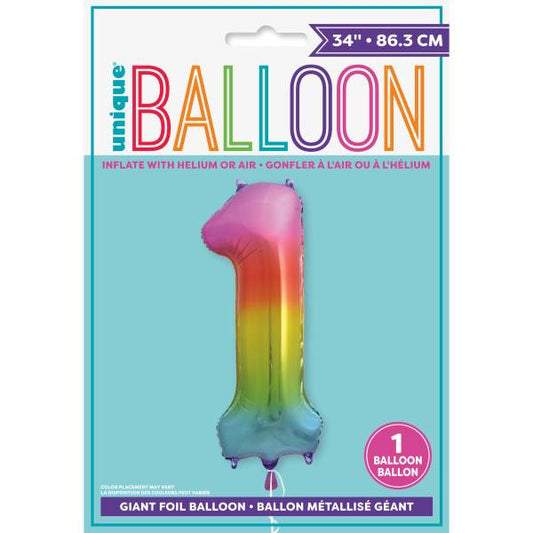 Rainbow Number 1 Shaped Foil Balloon 34", Packaged
