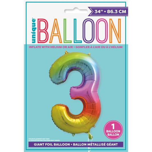 Rainbow Number 3 Shaped Foil Balloon 34", Packaged