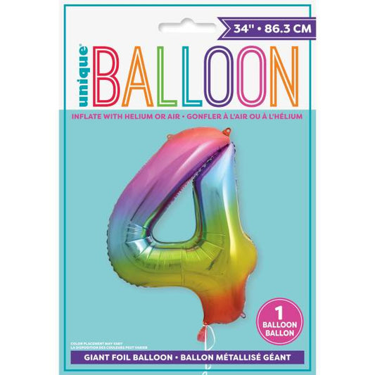 Rainbow Number 4 Shaped Foil Balloon 34", Packaged