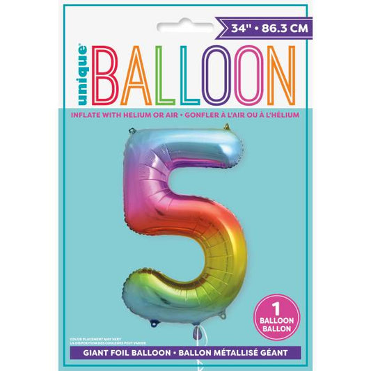 Rainbow Number 5 Shaped Foil Balloon 34", Packaged