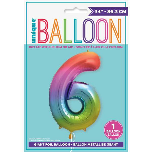 Rainbow Number 6 Shaped Foil Balloon 34", Packaged