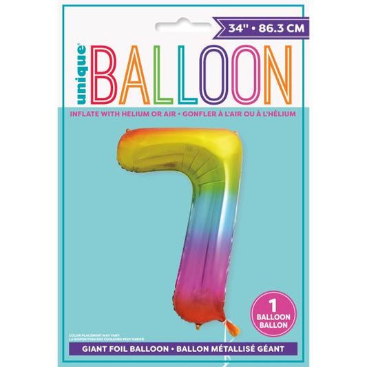 Rainbow Number 7 Shaped Foil Balloon 34", Packaged