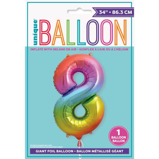 Rainbow Number 8 Shaped Foil Balloon 34", Packaged