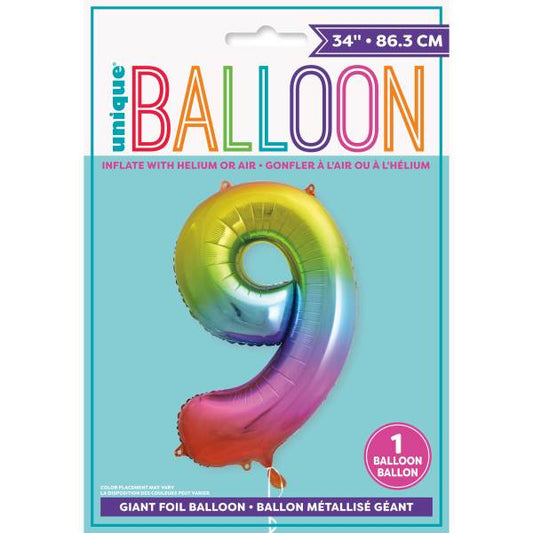 Rainbow Number 9 Shaped Foil Balloon 34", Packaged