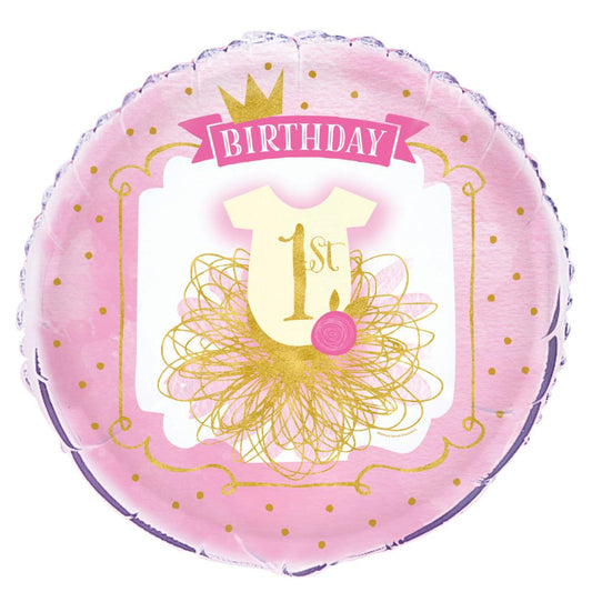 Pink & Gold First Birthday Round Foil Balloon 18", Bulk