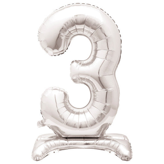 Silver Number 3 Shaped Standing Foil Balloon 30", Packaged