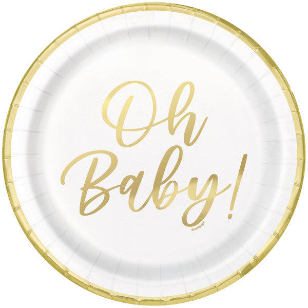 Oh Baby Gold Baby Shower Round 9" Dinner Plates, 8ct - Foil Stamping