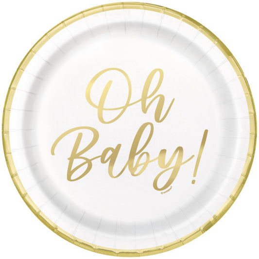 Oh Baby Gold Baby Shower Round 9" Dinner Plates, 8ct - Foil Stamping