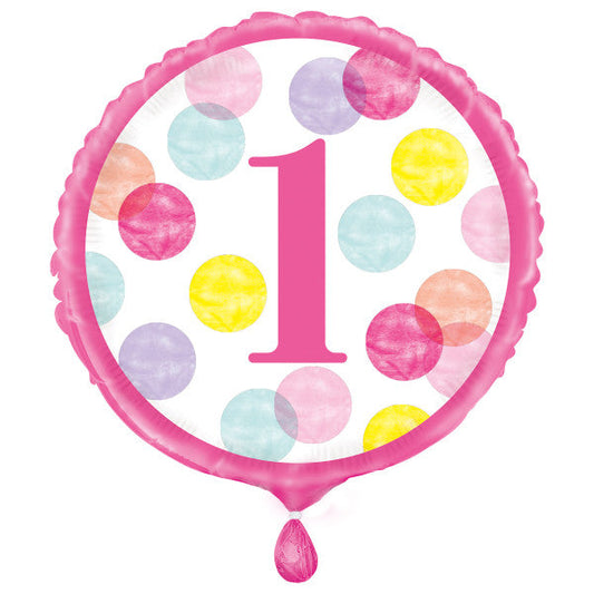 Pink Dots 1st Birthday Round Foil Balloon 18", Packaged
