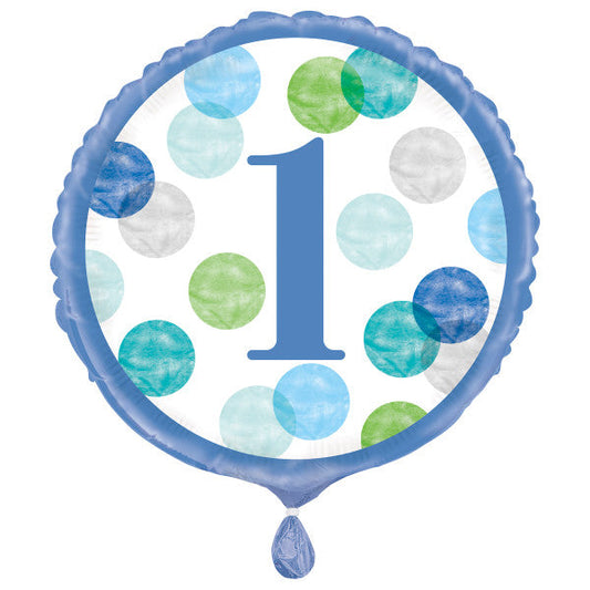 Blue Dots 1st Birthday Round Foil Balloon 18", Packaged
