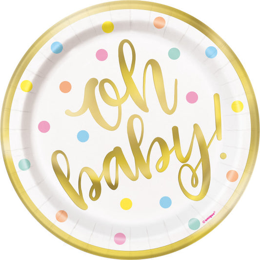 Oh Baby Gold Baby Shower Round 7" Dessert Plates, 8ct - Foil Stamping
