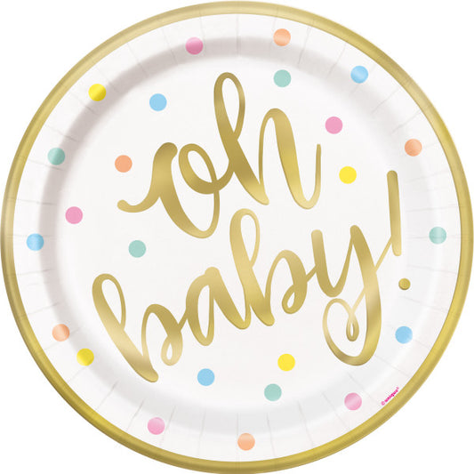 Oh Baby Gold Baby Shower Round 9" Dinner Plates, 8ct - Foil Stamping