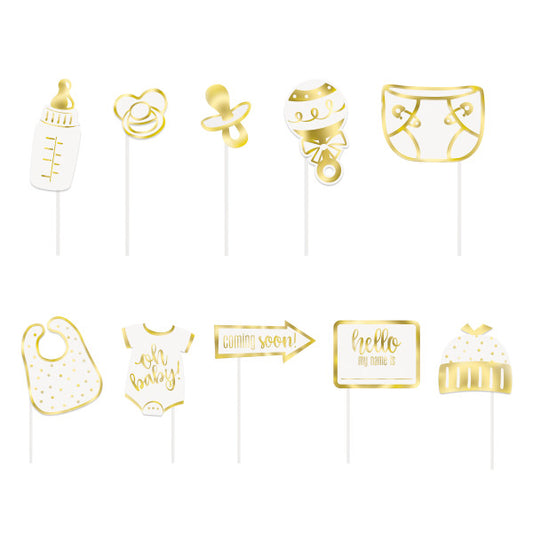 Gold Baby Shower Photo Booth Props, 10pc - Foil Stamping