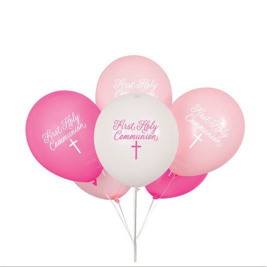Fancy Pink Cross First Holy Communion 12" Latex Balloons, 8ct
