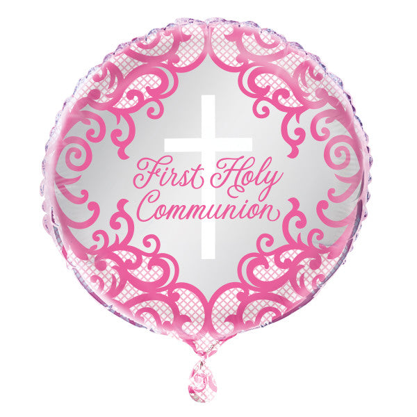 Fancy Pink Cross First Holy Communion Foil Balloon 18" - Packaged