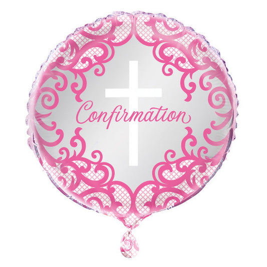 Fancy Pink Cross Confirmation Round Foil Balloon 18", Packaged