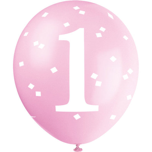 Pink Gingham 1st Birthday 12" Latex Balloons, 5ct