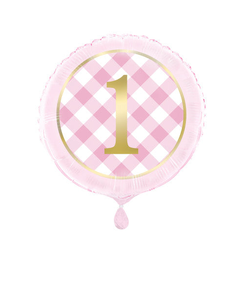 Pink Gingham 1st Birthday Round Foil Balloon 18", Packaged
