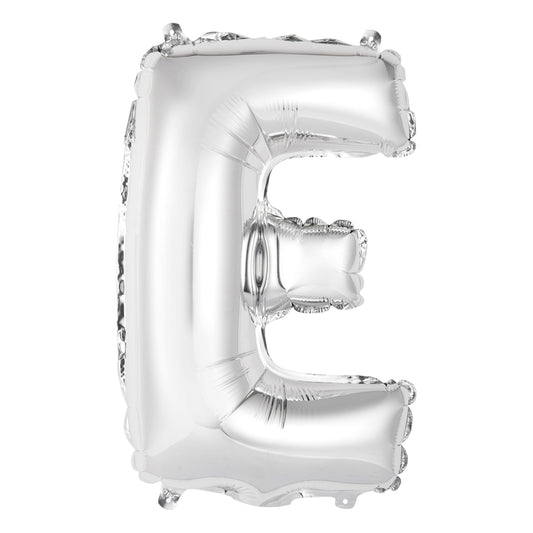 Silver Letter E Shaped Foil Balloon 14", Packaged
