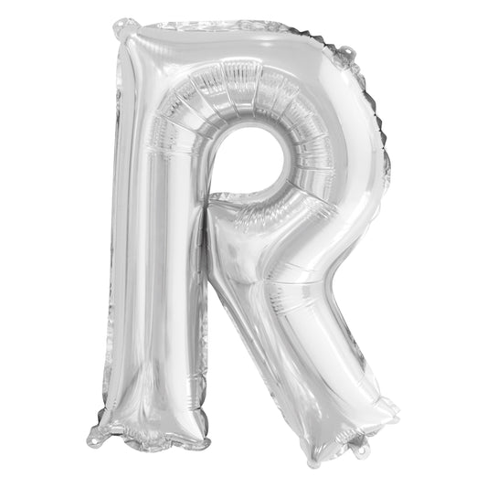 Silver Letter R Shaped Foil Balloon 14", Packaged
