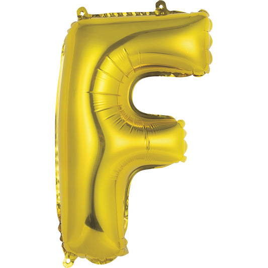 Gold Letter F Shaped Foil Balloon 14", Packaged