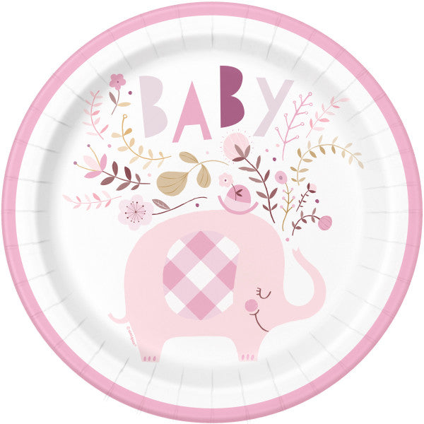 Pink Floral Elephant Round 9" Dinner Plates, 8ct
