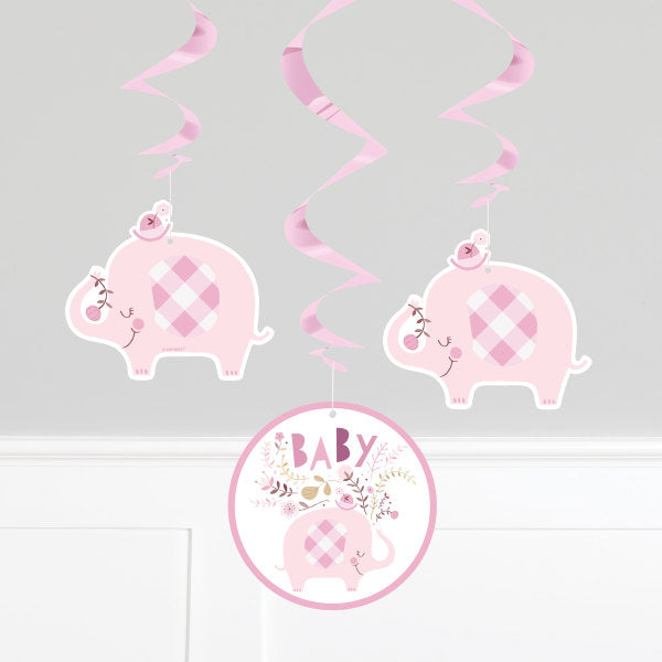 Pink Floral Elephant Hanging Swirl Decorations, 26", 3ct