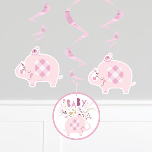 Pink Floral Elephant Hanging Swirl Decorations, 26", 3ct
