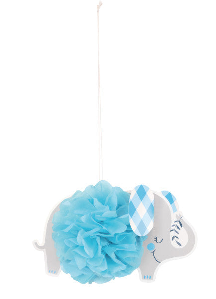 Blue Floral Elephant 9" Hanging Tissue Pom Pom Decorations, 3ct