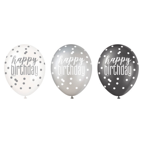 6ct Glitz Black Happy Birthday Assorted 12" Latex Balloons