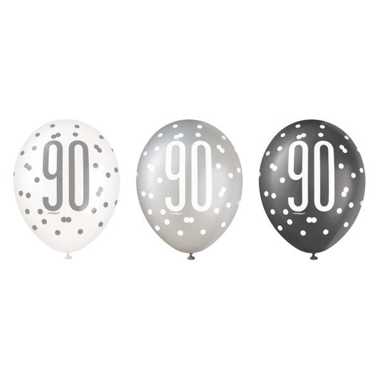6ct Glitz Black Number 90 Assorted 12" Latex Balloons