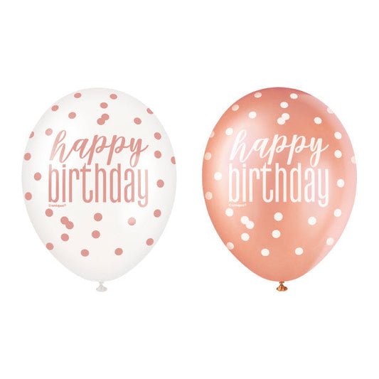 6ct Glitz Rose Gold Happy Birthday Assorted 12" Latex Balloons