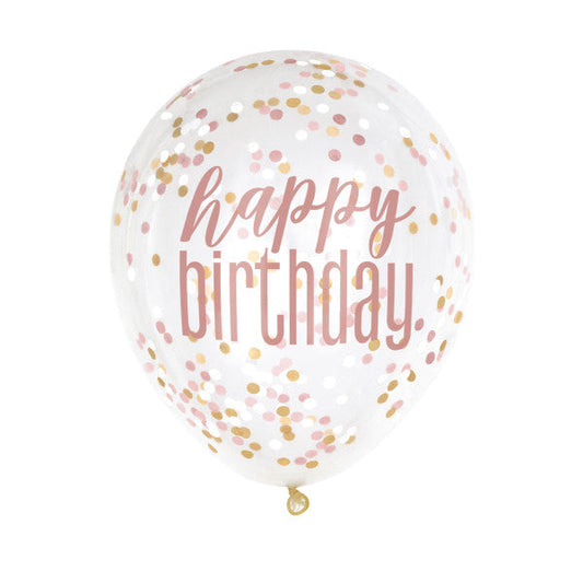 6ct Glitz Rose Gold "Happy Birthday" Clear 12" Latex Balloons with Confetti, 6ct
