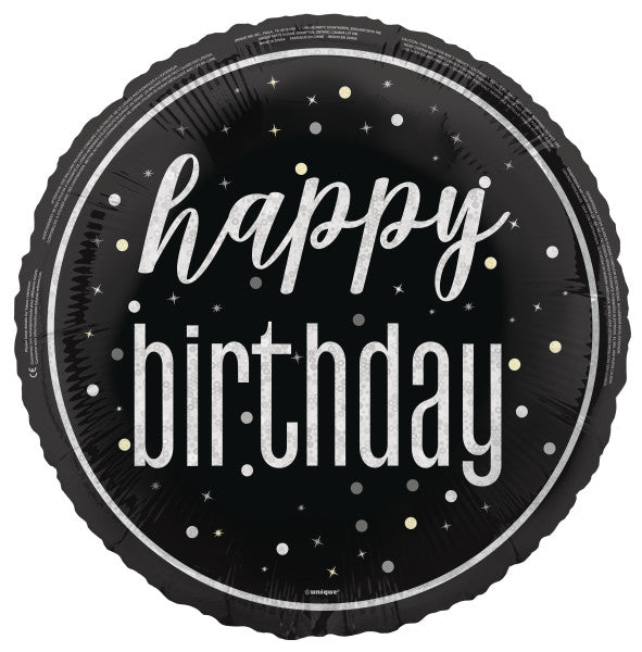 18" GLITZ Black Happy Birthday Foil Balloon, Round
