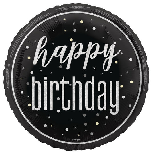 18" GLITZ Black Happy Birthday Foil Balloon, Round